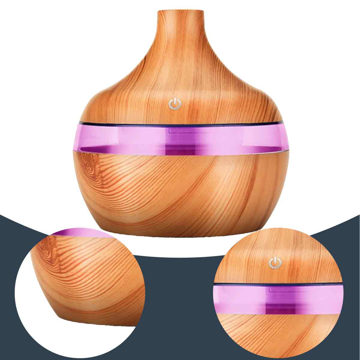 Holz-Aromadiffusor mit lila Band. Er hat eine Ein-/Aus-Taste und Holzmaserung. Zwei Detailaufnahmen sind enthalten.