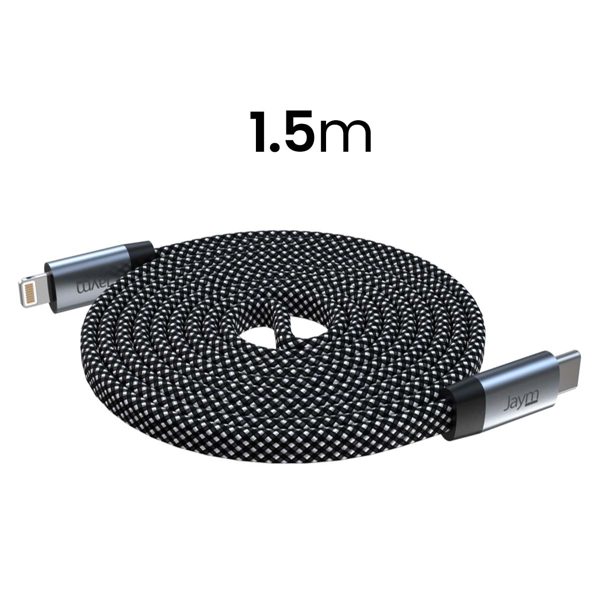 Câble de charge tressé noir et blanc, enroulé. Comporte des connecteurs Lightning et USB-C. Le texte "1,5 m" est au-dessus du câble.