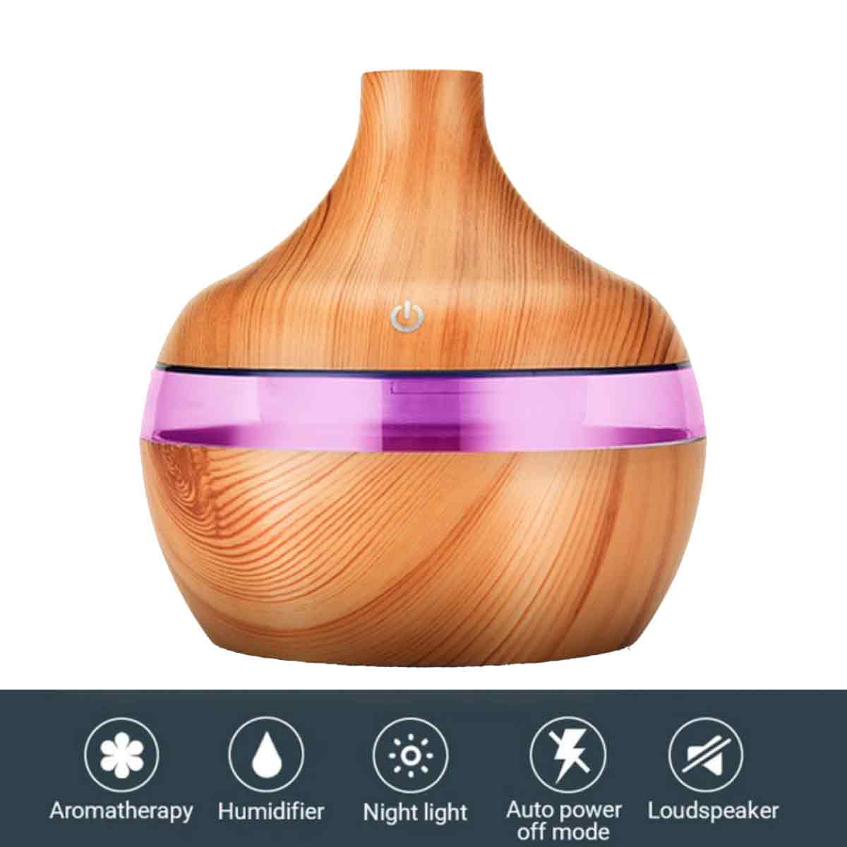 Aromadiffusor in Holzoptik mit lila Mittelteil. Symbole unten zeigen Funktionen wie Aromatherapie und Nachtlicht.