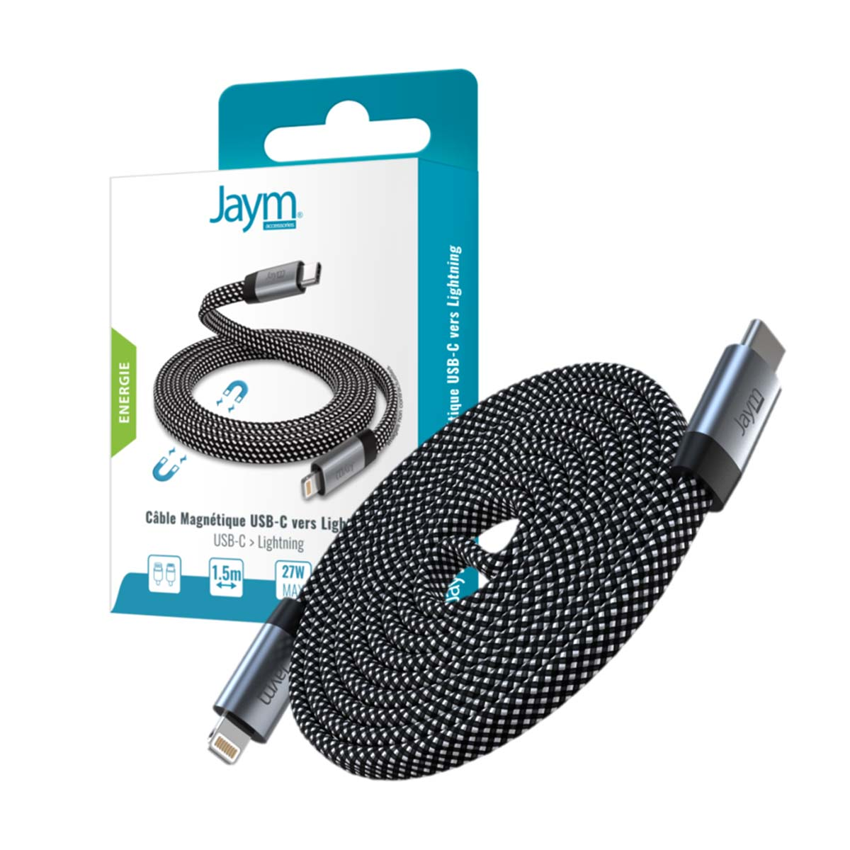 Un câble de chargement USB-C vers Lightning tressé noir et blanc avec emballage, avec le logo 'Jaym' et les détails du produit.