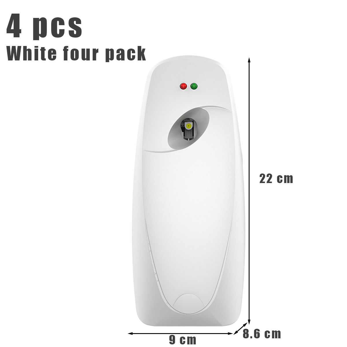Weißer Lufterfrischer. Er hat ein rotes und grünes Licht, die Abmessungen sind 22x9x8,6 cm und oben steht '4 Stück White four pack'.