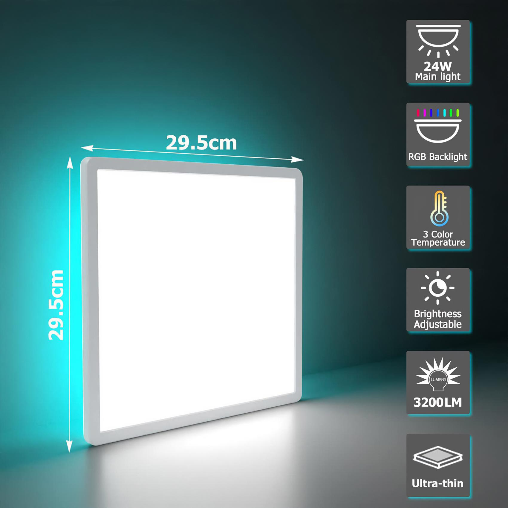 Ein quadratisches LED-Panel mit Größenangaben. Merkmale umfassen 24W Hauptlicht, RGB-Hintergrundbeleuchtung und Helligkeitsanpassung.