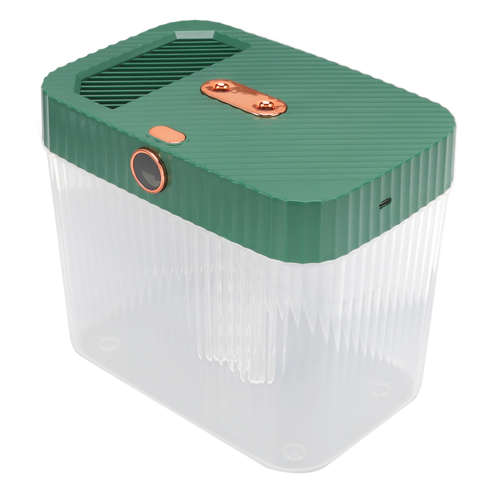 Eine grüne und durchsichtige Plastikbox. Es hat einen grünen Deckel mit kupferfarbenen Akzenten.