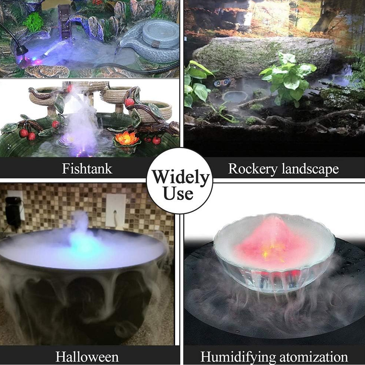 Das Bild zeigt Nebel-Effekte in verschiedenen Umgebungen: Aquarium, Felsenlandschaft, Halloween-Szene und Befeuchtungszerstäubung.