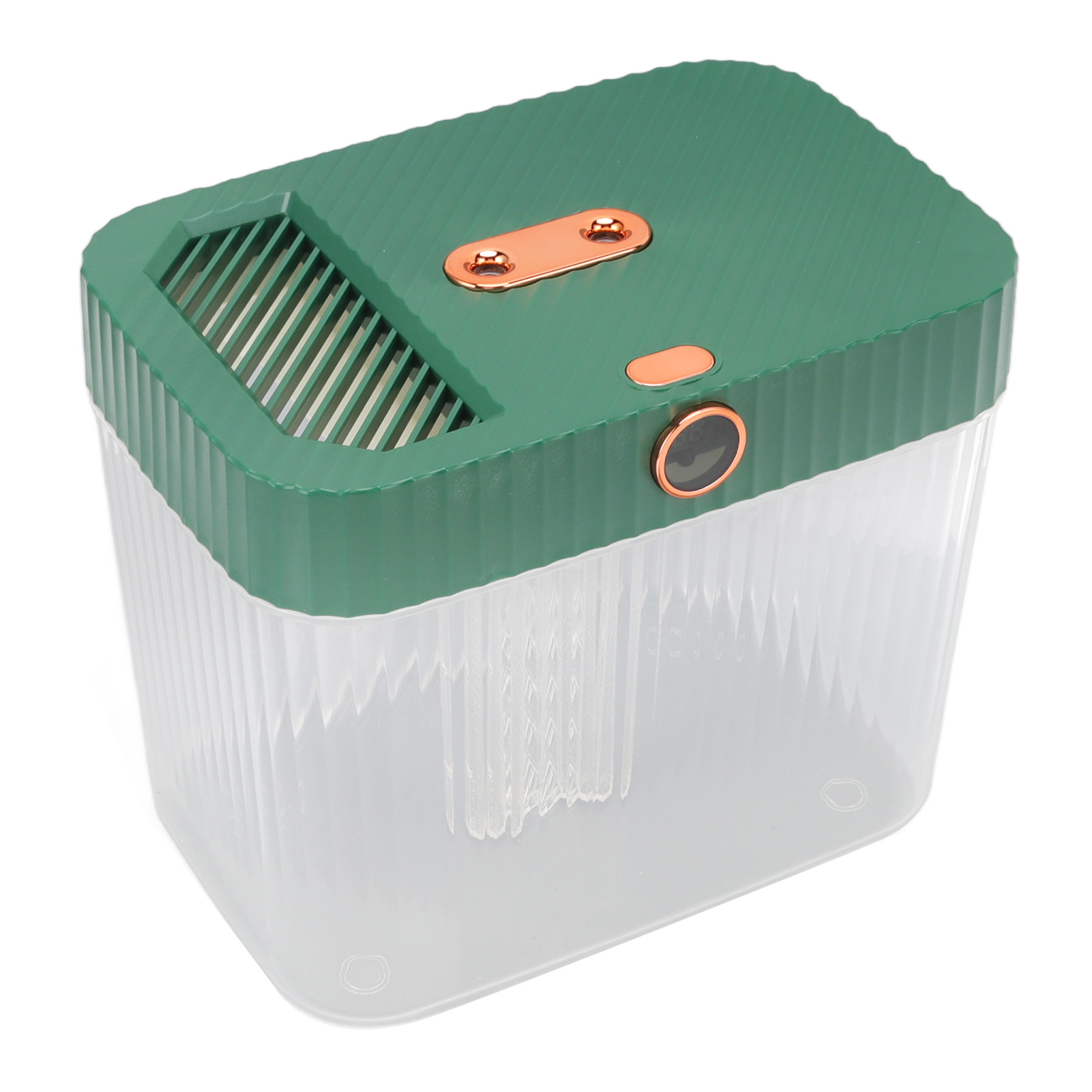 Eine grüne und transparente Plastikbox mit Deckel. Kupferfarbene Akzente umfassen einen kleinen Knopf und eine rechteckige Platte.