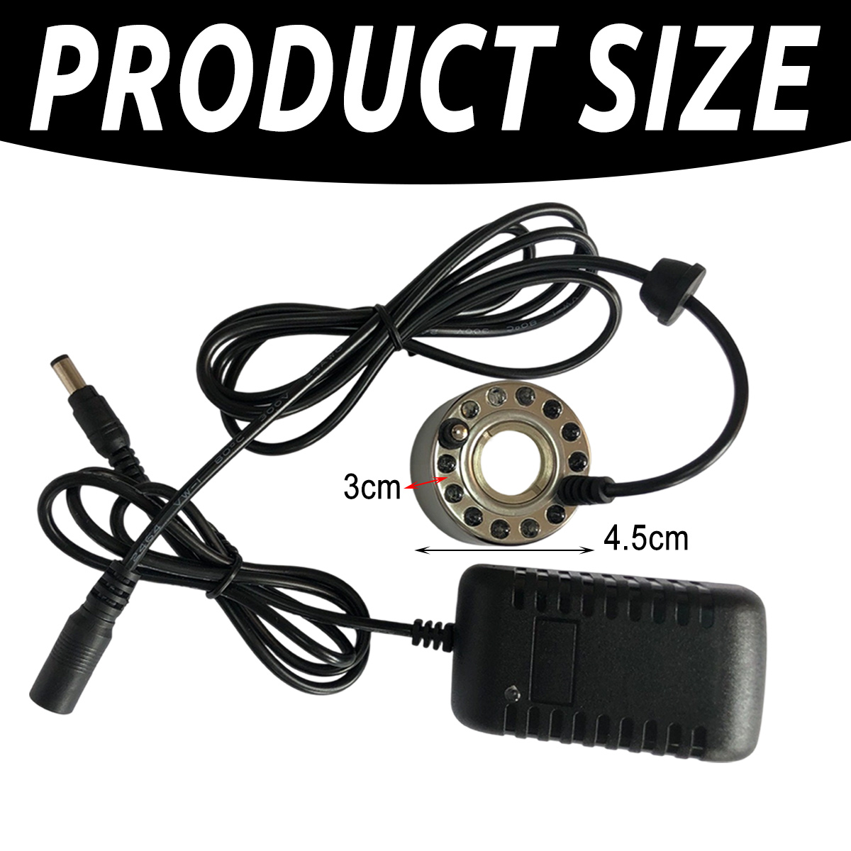 Produktgrößenbild. Ein schwarzer Vernebler, ein Netzteil und Kabel werden angezeigt. Die Abmessungen betragen 3 cm und 4,5 cm.