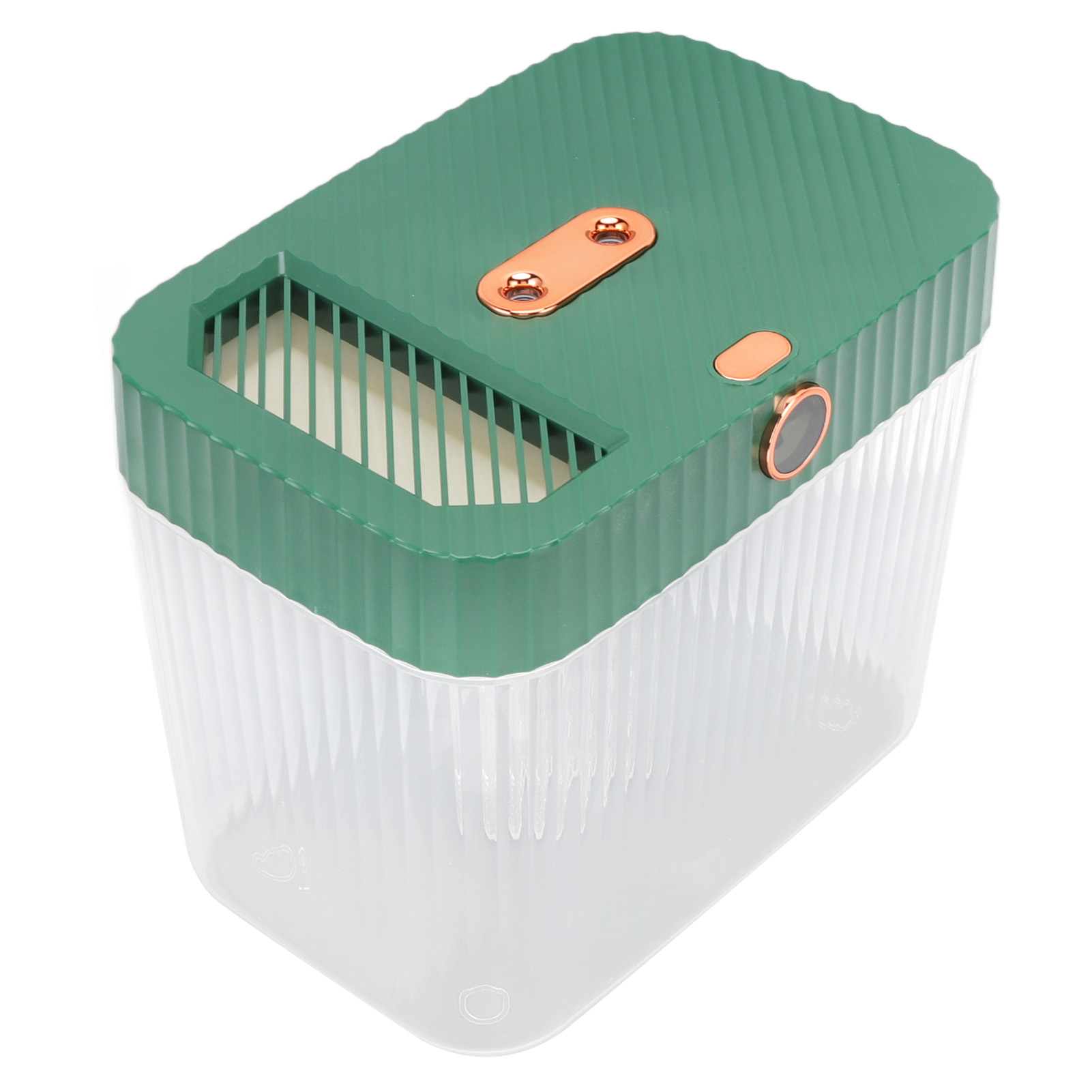 Ein grüner und klarer Plastikbehälter mit geripptem Design. Es hat kupferfarbene Akzente.