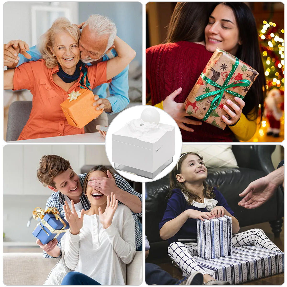 Vier Bilder von Menschen, die Geschenke austauschen. Ein älteres Ehepaar umarmt sich, eine Frau umarmt ein Geschenk, ein Mann überrascht eine Frau und ein Mädchen erhält ein Geschenk.