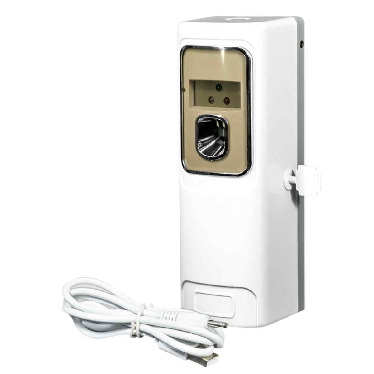 Ein weiß-grauer automatischer Lufterfrischer mit beigefarbenem Panel. Unten befindet sich ein weißes USB-Kabel.