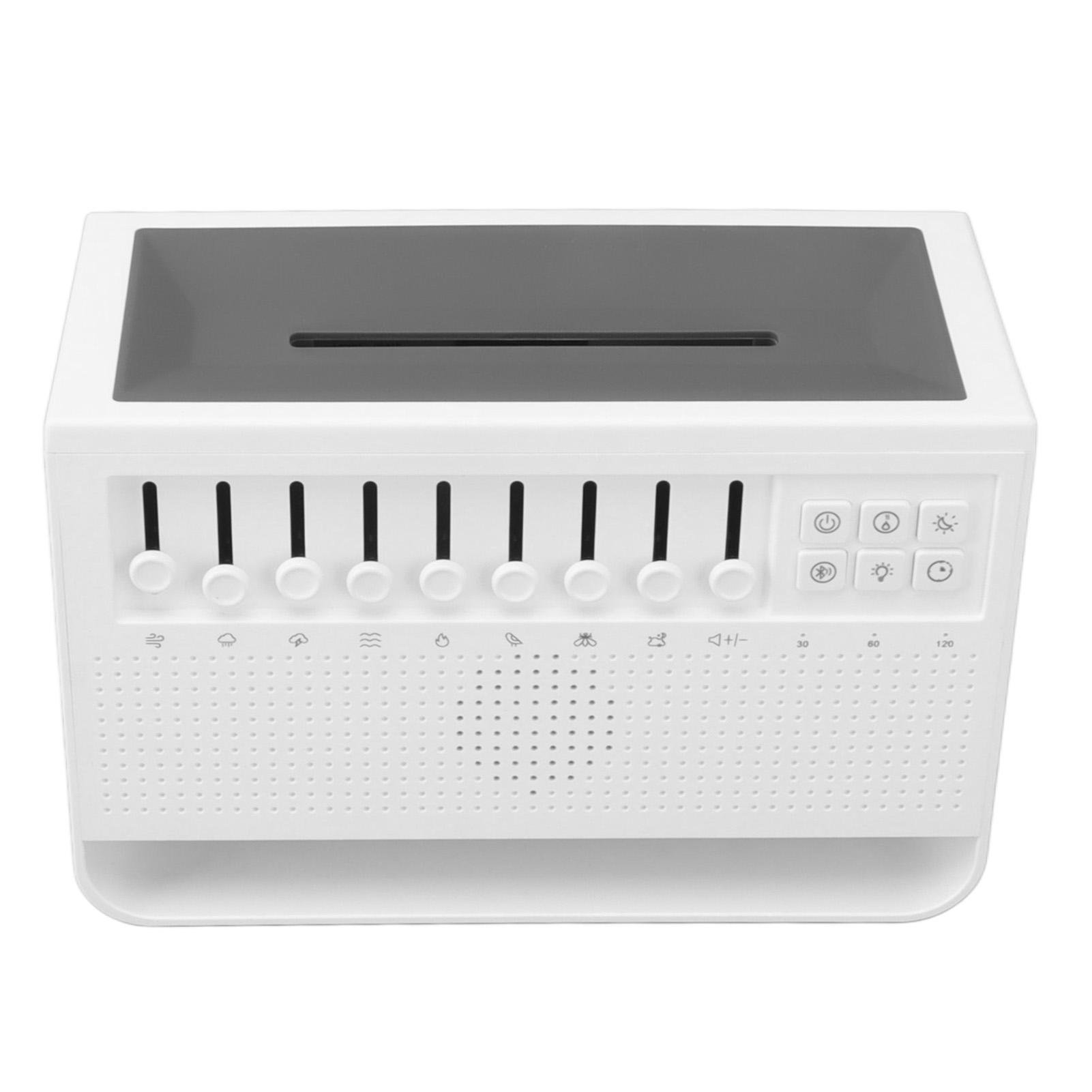 Weiße Geräuschmaschine mit grauem Oberteil, mehreren Knöpfen und Lautsprecherlöchern. Es hat verschiedene Tonsymbole und Ein-Aus-Schalter.