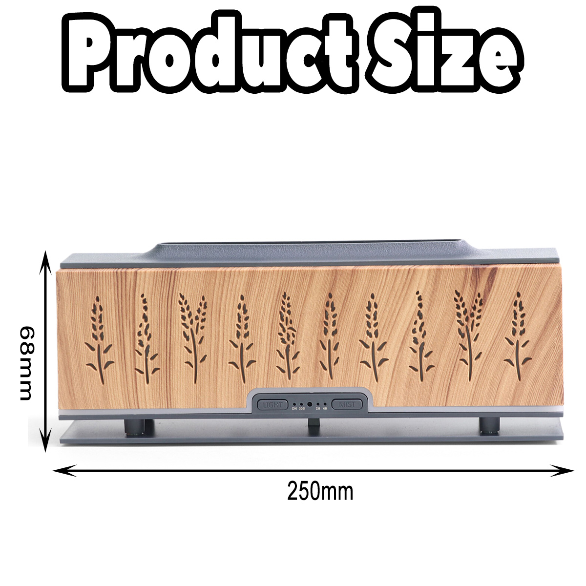 Ein Produktgrößenbild zeigt einen Luftdiffusor mit Abmessungen. Der Diffusor ist holzmaseriert mit Blumendesigns, 68 mm hoch, 250 mm breit.