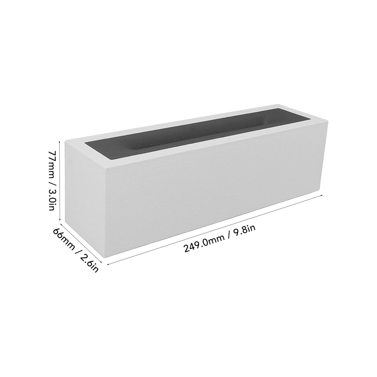 Ein rechteckiger weißer Pflanzkübel mit dunklem Innenraum. Abmessungen: 249,0 mm/9,8 Zoll, 77 mm/3,0 Zoll und 66 mm/2,6 Zoll.