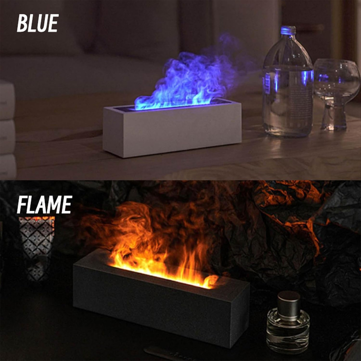Ein Gerät emittiert blaue und orangefarbene Flammen. Auf einem Tisch stehen eine Wasserflasche und Gläser. Der Hintergrund hat dunkle Elemente.