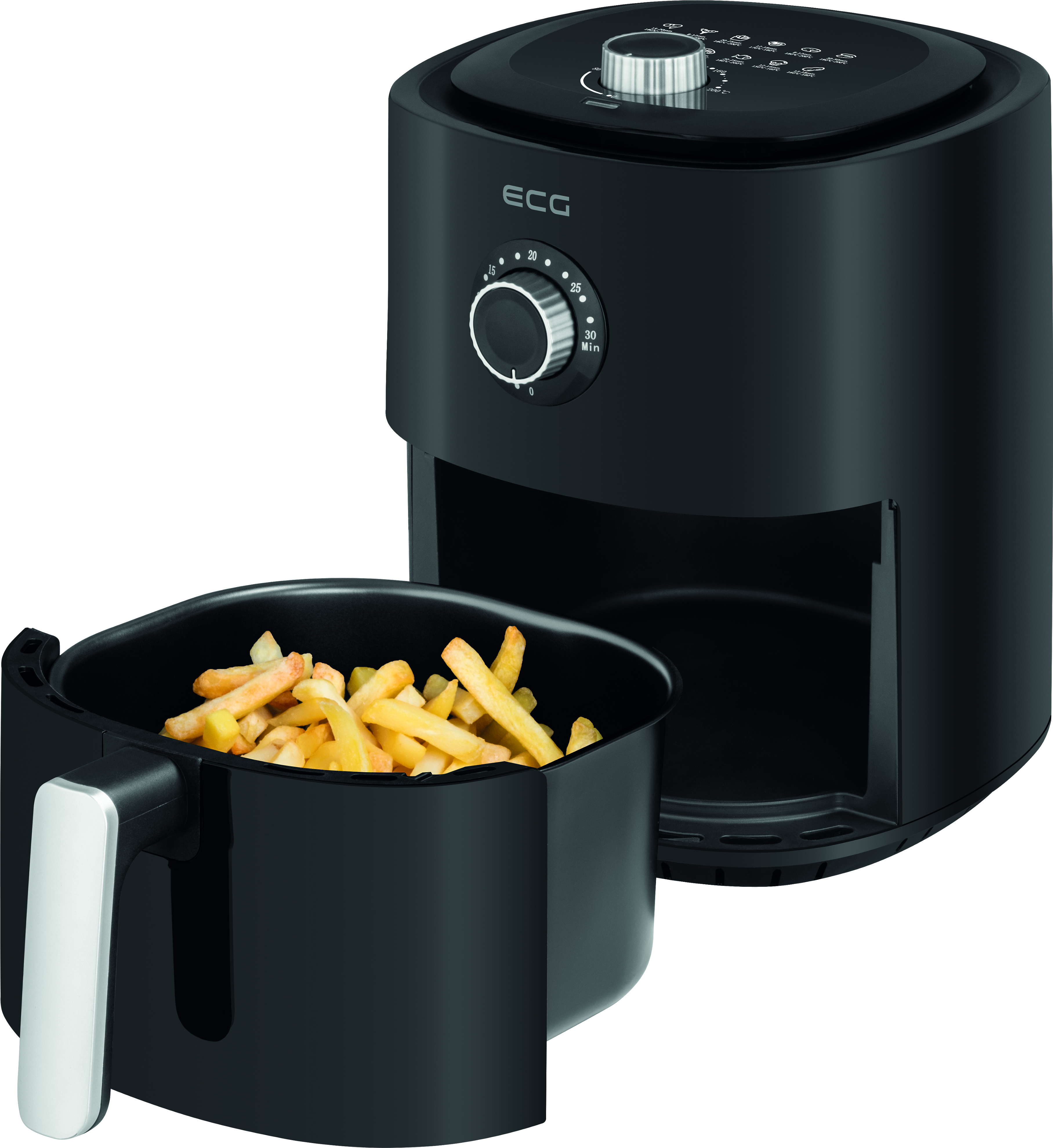 Schwarze Heißluftfritteuse mit einem Korb Pommes Frites. Die Fritteuse hat eine Digitalanzeige.