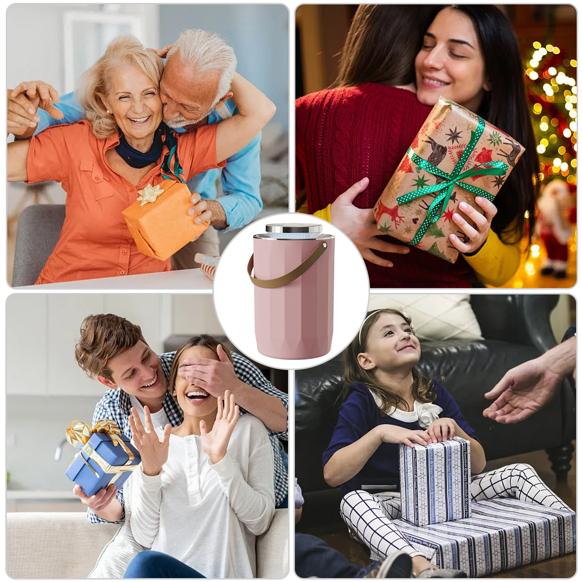 Vier Bilder, die Geschenkübergaben zeigen: älteres Ehepaar, Frau umarmt ein Geschenk, Mann mit Frau, Kind erhält Geschenk. Eine rosa Lampe.