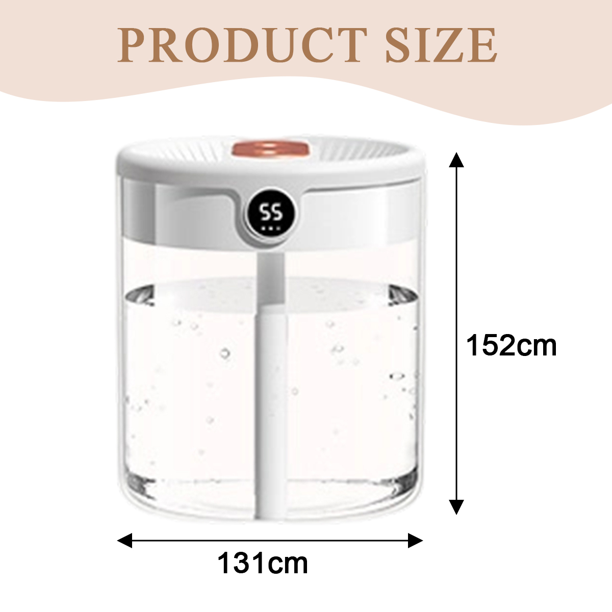 Ein weißer und transparenter Luftbefeuchter mit Digitalanzeige. Die Abmessungen betragen 131cm x 152cm. Oben steht 'PRODUCT SIZE'.