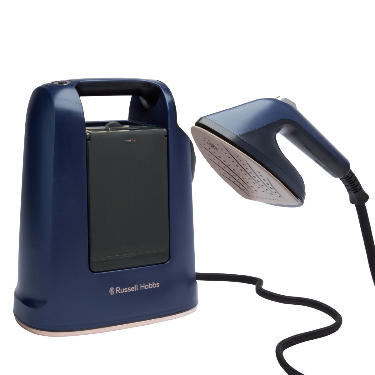 Ein dunkelblaues Russell Hobbs Dampfbügeleisen. Es hat einen schwarzen Griff und eine beige Bügelplatte. Die Basis ist dunkelblau mit einem Griff.