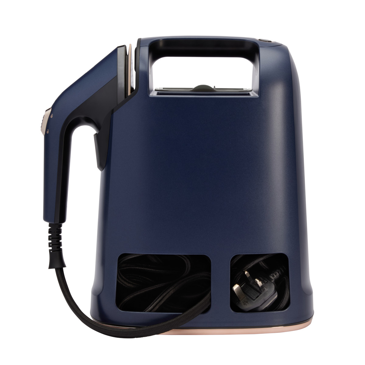 Ein marineblauer Handdampfer mit schwarzem Griff, Kabel und Stecker. Die Basis ist bronzefarben und hat ein Kabelfach.