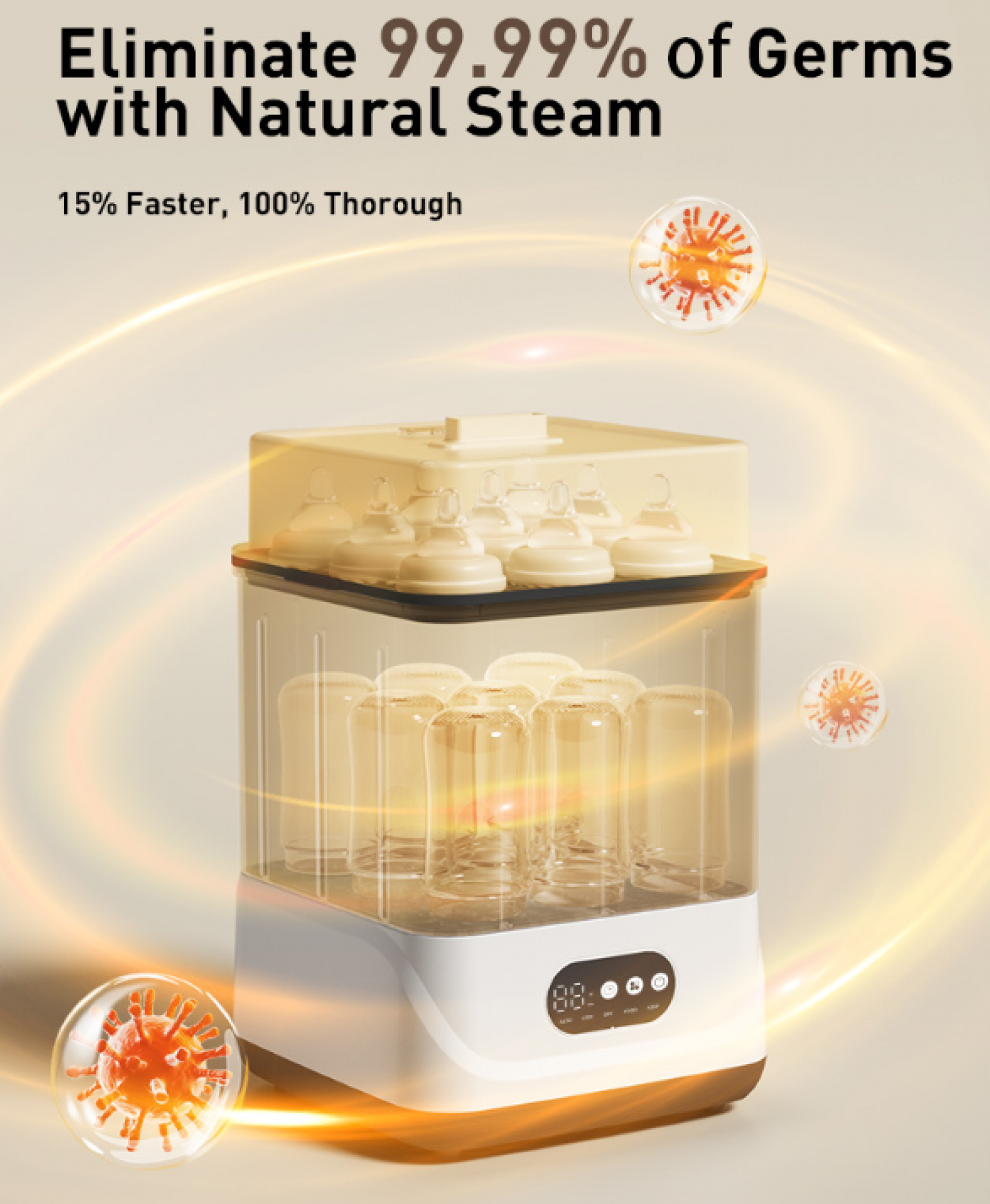 Ein Sterilisator mit Flaschen und Saugern. Er eliminiert 99,99 % der Keime mit natürlichem Dampf, 15 % schneller und 100 % gründlich.