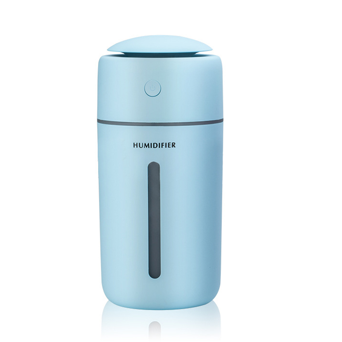 Ein hellblauer Luftbefeuchter mit Knopf, Wasserstandsanzeige und dem Aufdruck HUMIDIFIER.