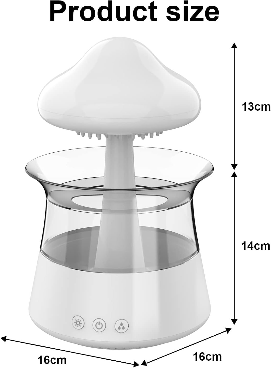Ein weißer pilzförmiger Luftbefeuchter mit transparentem Wassertank. Abmessungen sind 16x16x13cm, 14cm hoch. Tasten an der Basis.