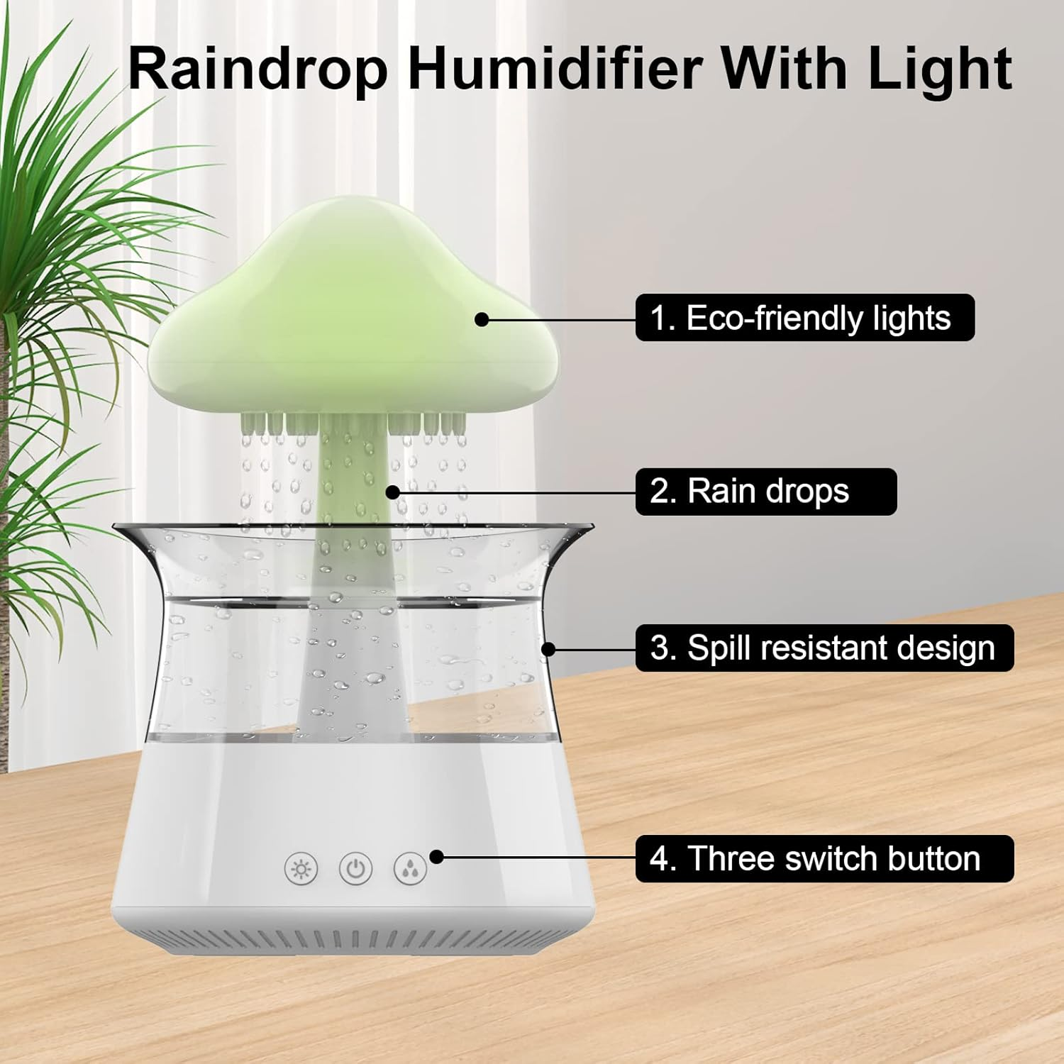 Ein Tropfen-Luftbefeuchter mit grünem Deckel und weißer Basis. Er hat umweltfreundliche Lichter, Regentropfen, auslaufsicheres Design und drei Schalter.