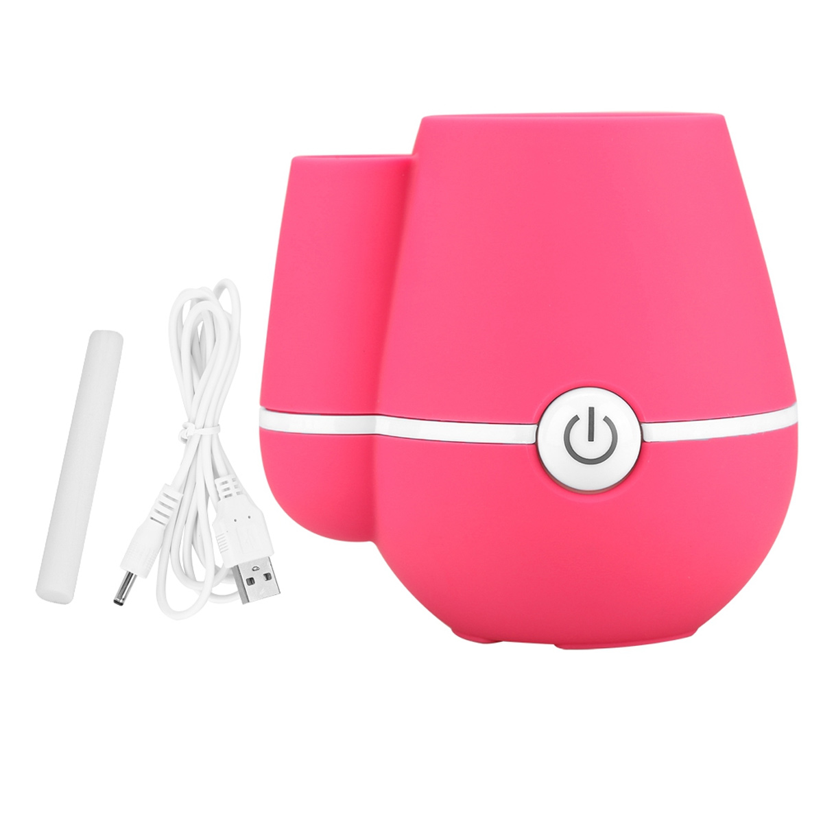 Pinkes Sexspielzeug mit weißem Power-Knopf. Ein weißes Ladekabel und ein weißer Stab sind ebenfalls auf weißem Hintergrund vorhanden.