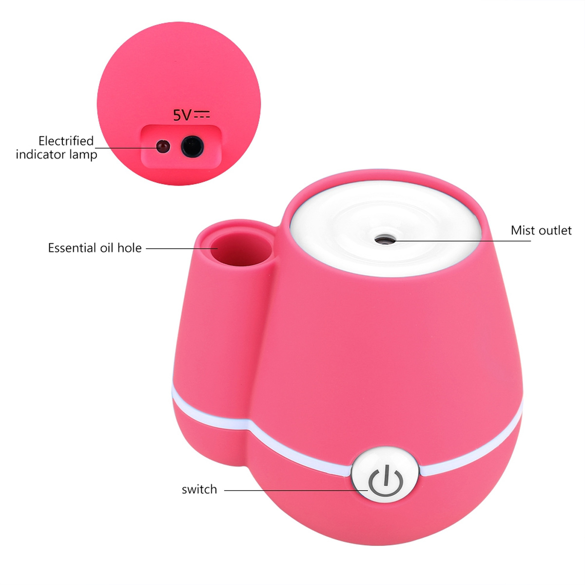 Ein pinkfarbener ätherischer Öl-Diffusor mit Nebelauslass, ätherischem Ölloche und Netzschalter. Er hat eine Kontrollleuchte und 5V-Stromeingang.