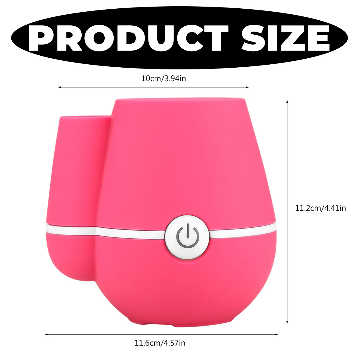 Rosa Gerät mit Ein-Aus-Taste. Abmessungen: 10 cm/3,94 Zoll, 11,2 cm/4,41 Zoll und 11,6 cm/4,57 Zoll. Text "Produktgröße".