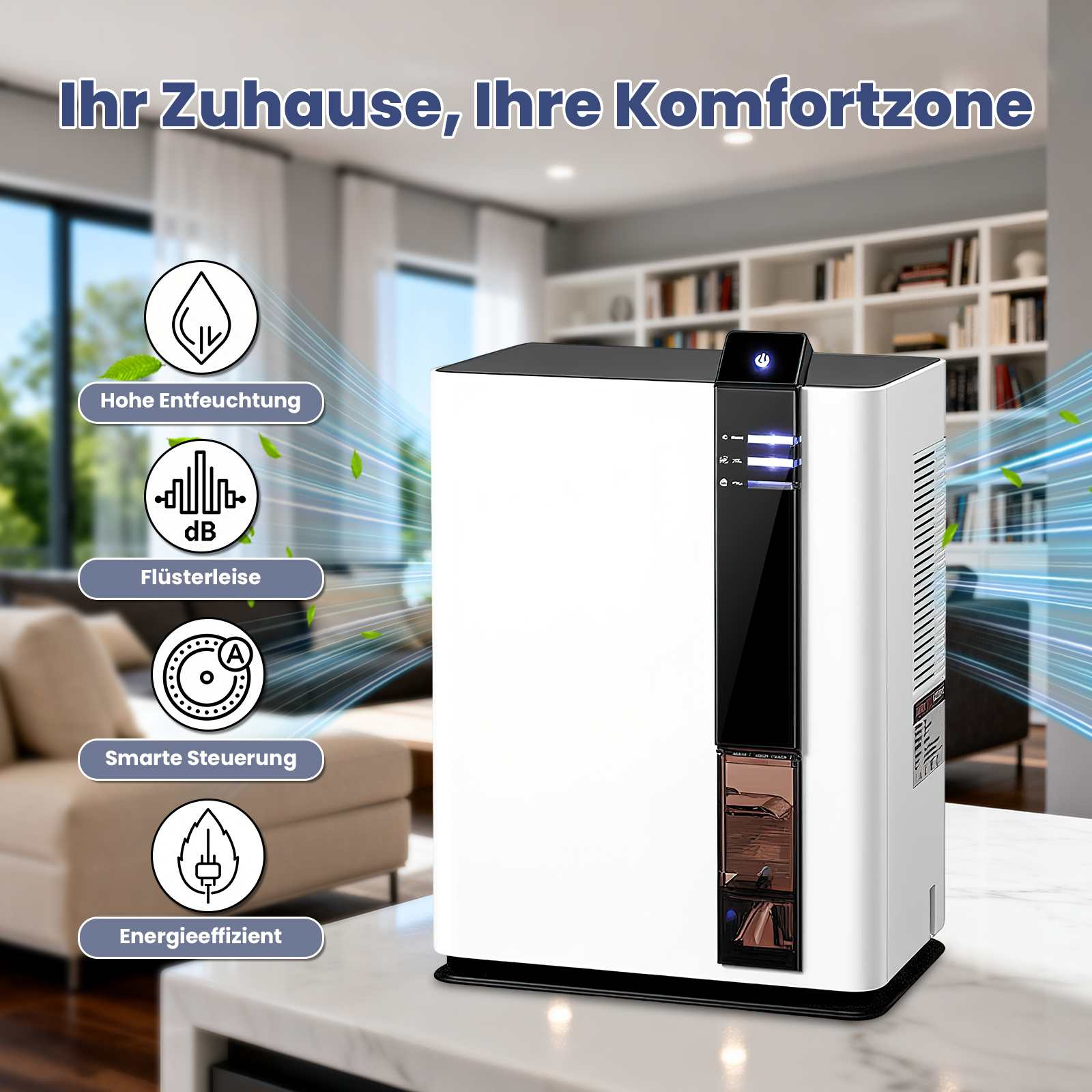 Weißer Luftreiniger auf einem Tisch. Text und Symbole zeigen Funktionen. Hintergrund zeigt ein Wohnzimmer.