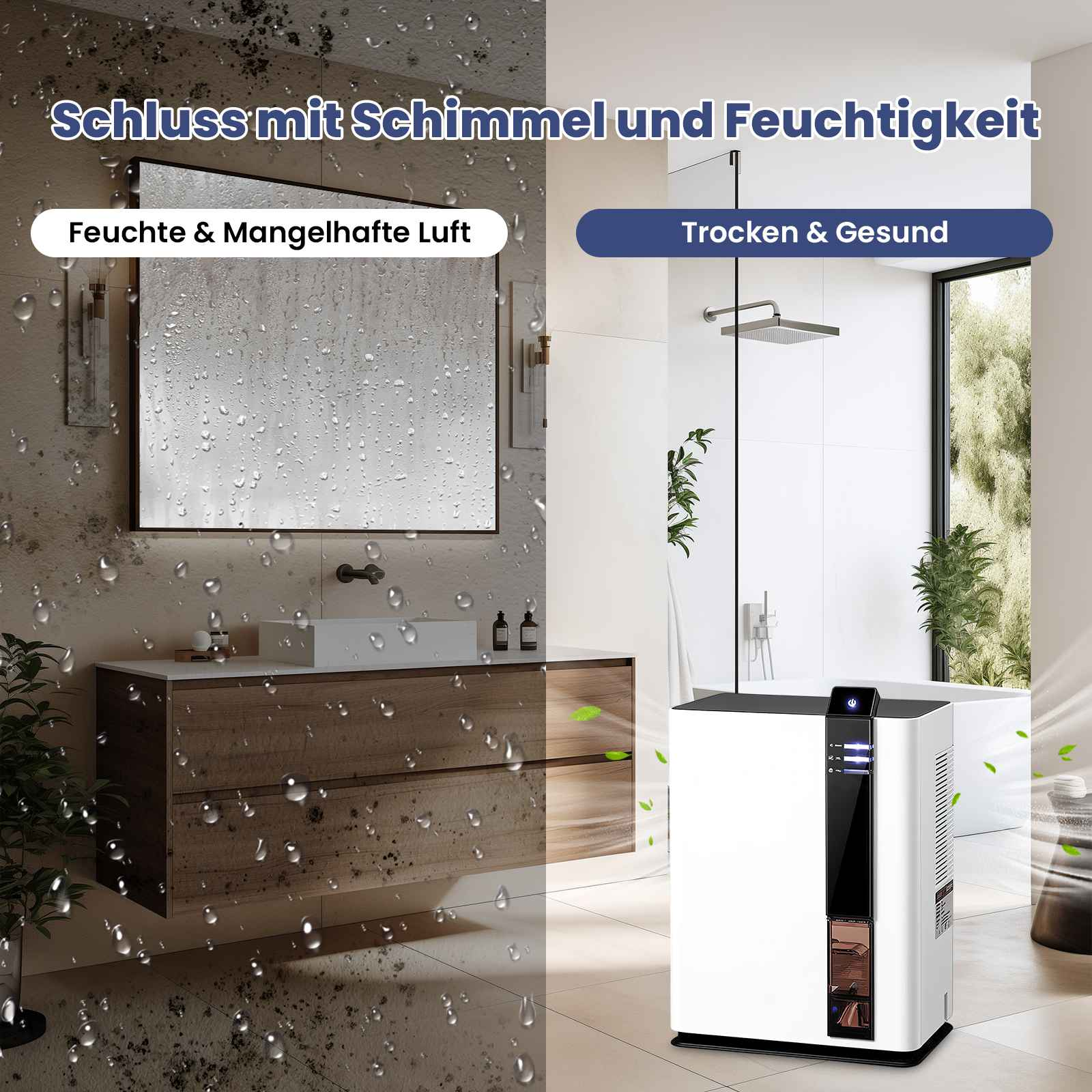 Das Bild zeigt ein Badezimmer mit Schimmel und einem Luftentfeuchter. Eine Seite zeigt Feuchtigkeit, die andere ist trocken.