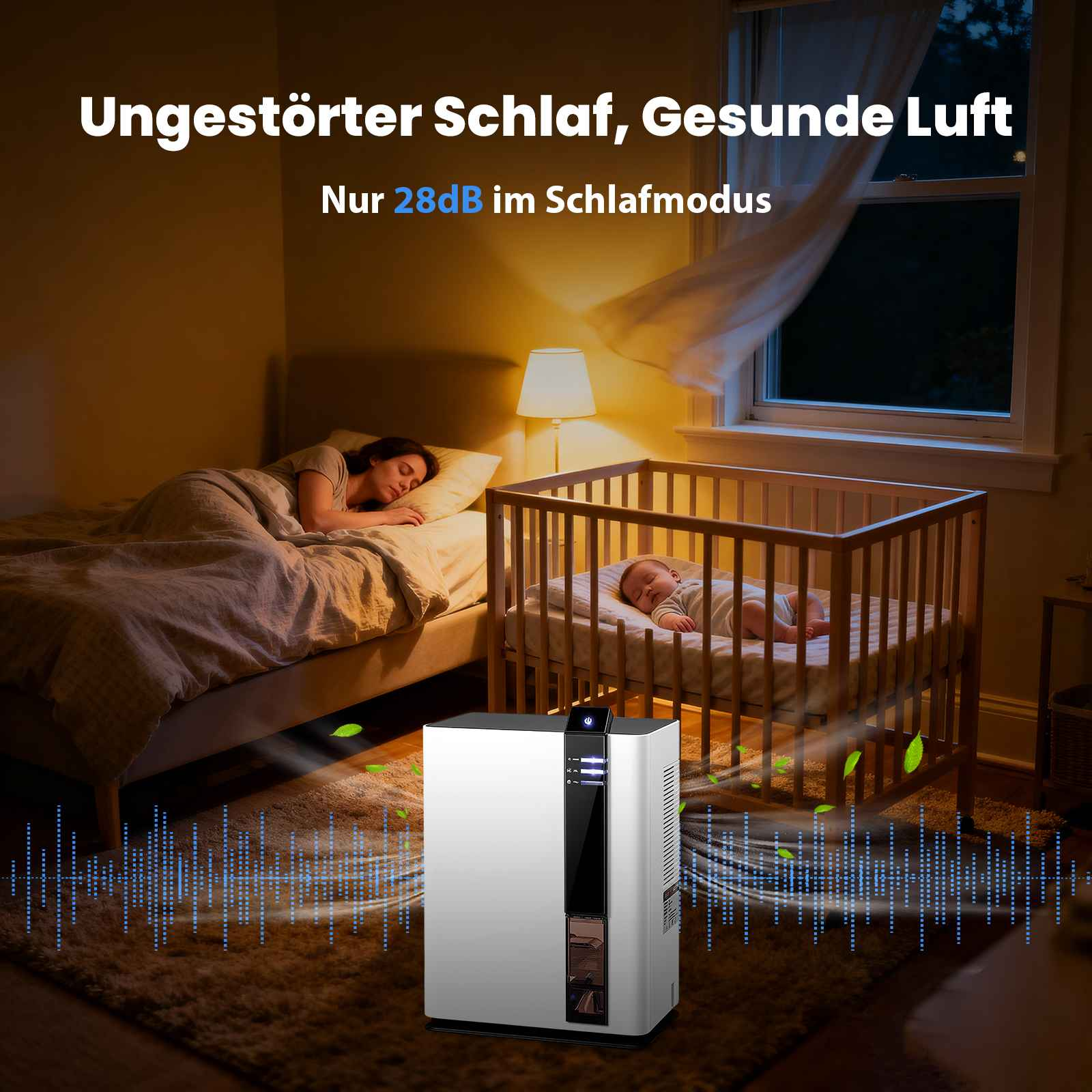 Ein Zimmer mit schlafender Frau und Baby. Ein Luftreiniger ist im Vordergrund. Der Text lautet 'Unstörte Schlaf, Gesunde Luft'.