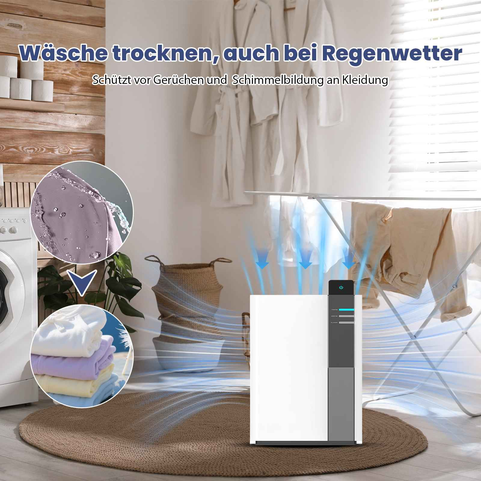 Ein Luftentfeuchter mit Wäschetrocknung in Innenräumen. Kleidung auf einem Gestell, Wassertropfen und gefaltete Kleidung sind sichtbar.
