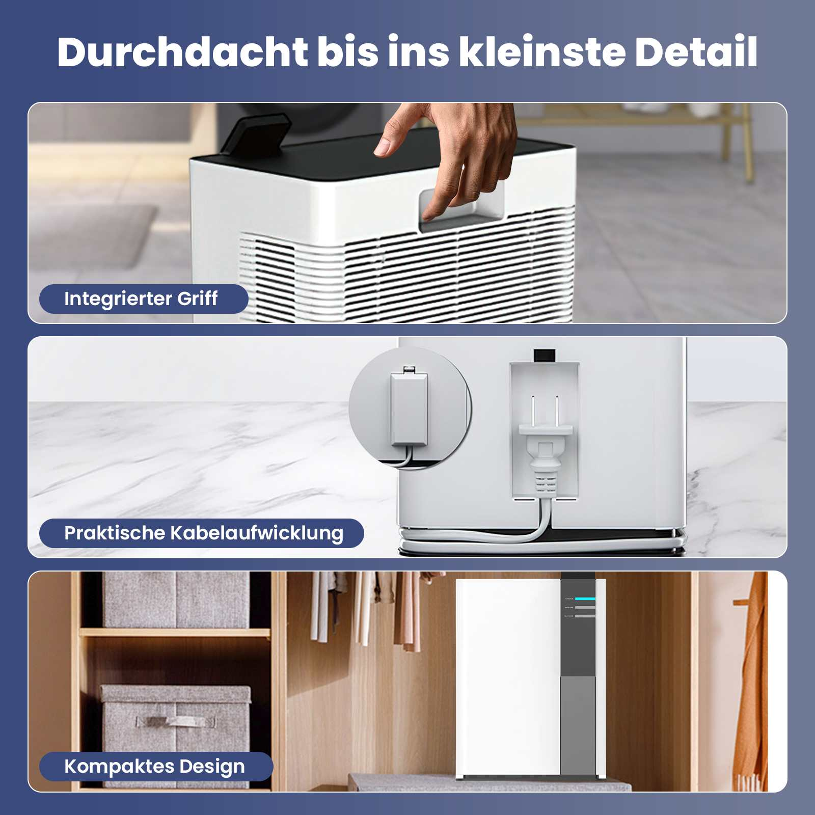 Das Bild zeigt Details eines Luftreinigers: Griff, Kabelaufbewahrung und kompaktes Design. Es ist weiß mit schwarzen Akzenten.