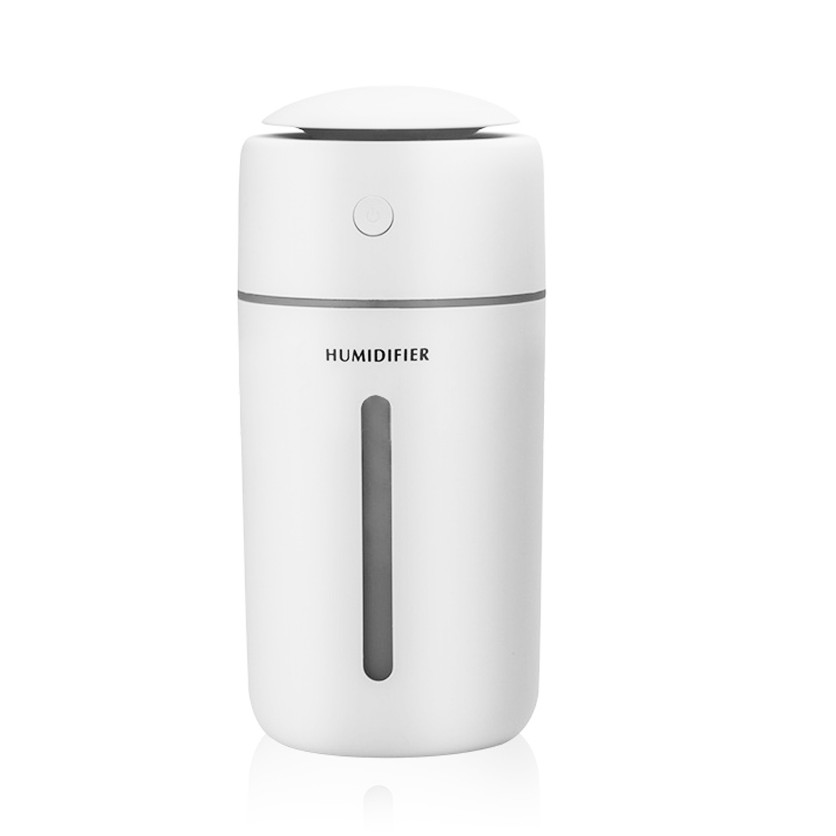 Ein weißer Luftbefeuchter mit grauer Anzeige. Er hat einen Knopf und das Wort HUMIDIFIER. Die Oberseite ist auch weiß.
