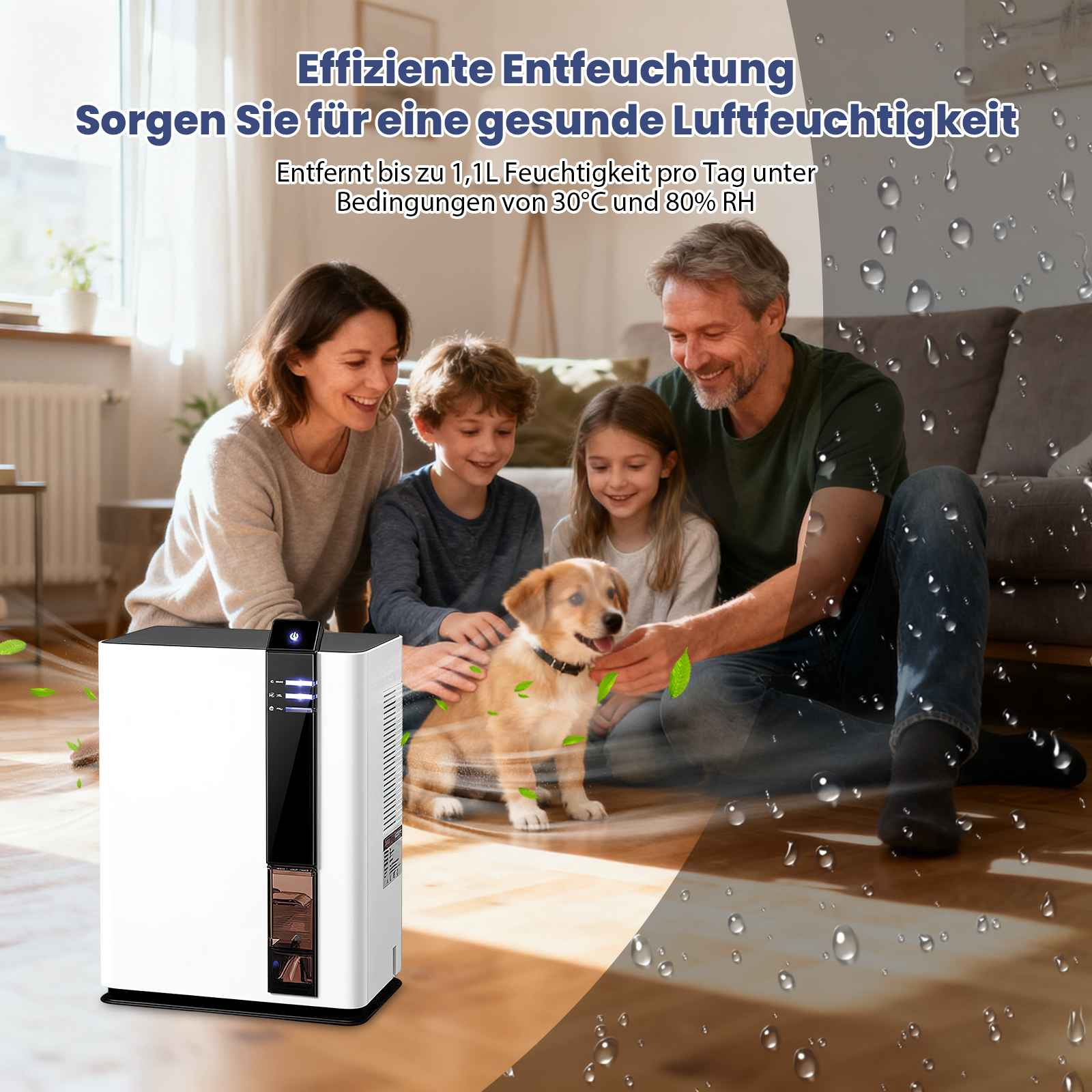 Familie mit Hund in der Nähe eines Luftentfeuchters. Text über gesunde Luftfeuchtigkeit ist sichtbar.