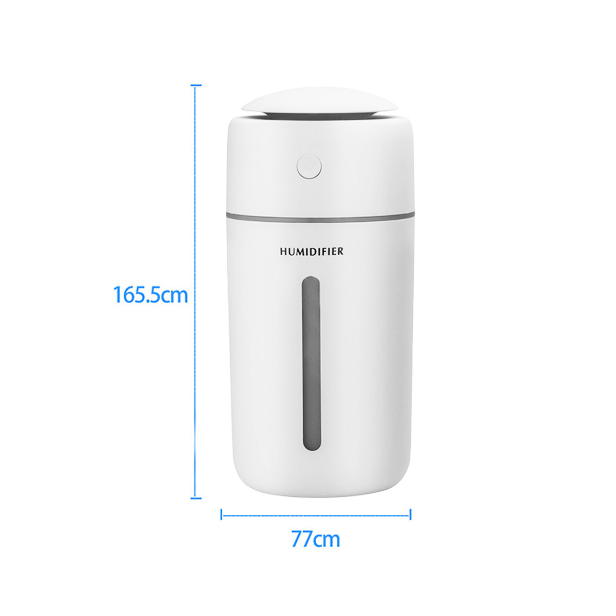 Ein weißer Luftbefeuchter mit angegebenen Abmessungen. Er hat einen Knopf, eine Wasserstandsanzeige und das Wort HUMIDIFIER.