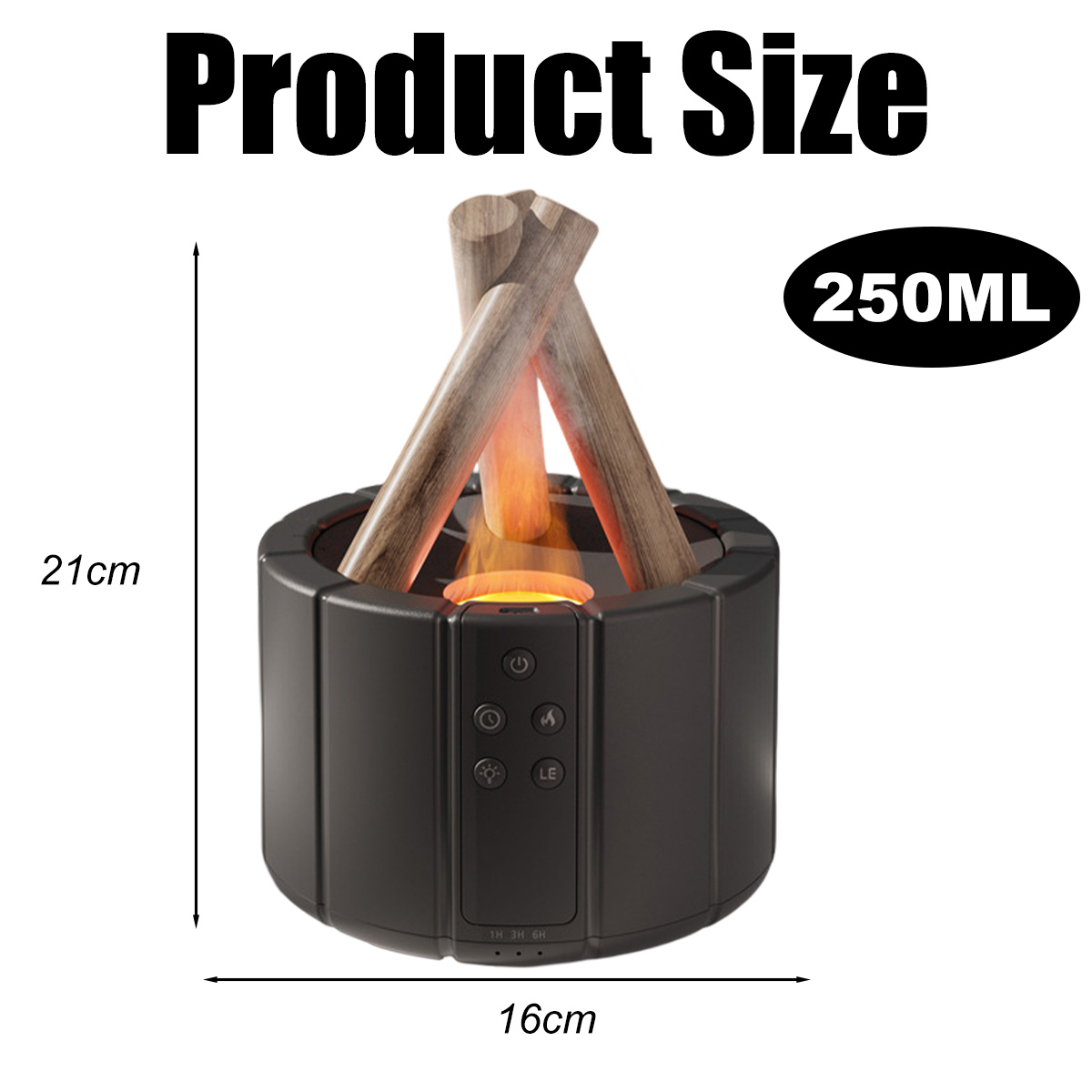 Eine schwarze Laterne mit künstlichen Holzscheiten und Flammeneffekt. Text zeigt Produktgröße: 21 cm hoch, 16 cm breit und 250 ml Fassungsvermögen.