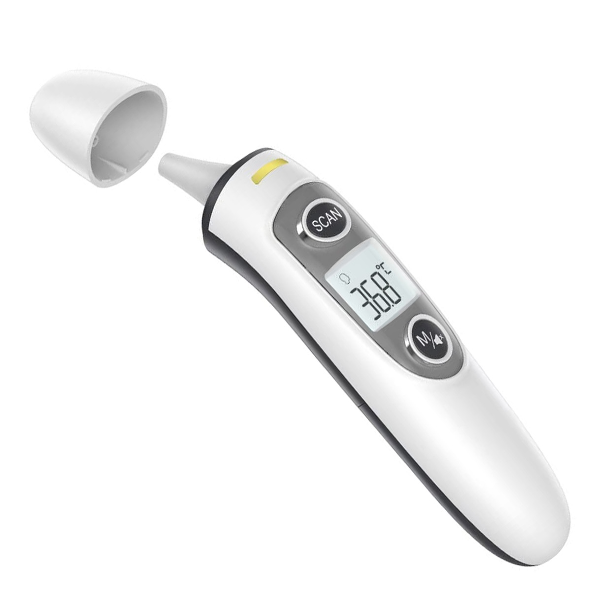 Ein weißes digitales Ohrthermometer, das 36,8 Grad Celsius anzeigt. Die Abdeckung ist offen. Mit Scan- und Speichertaste.