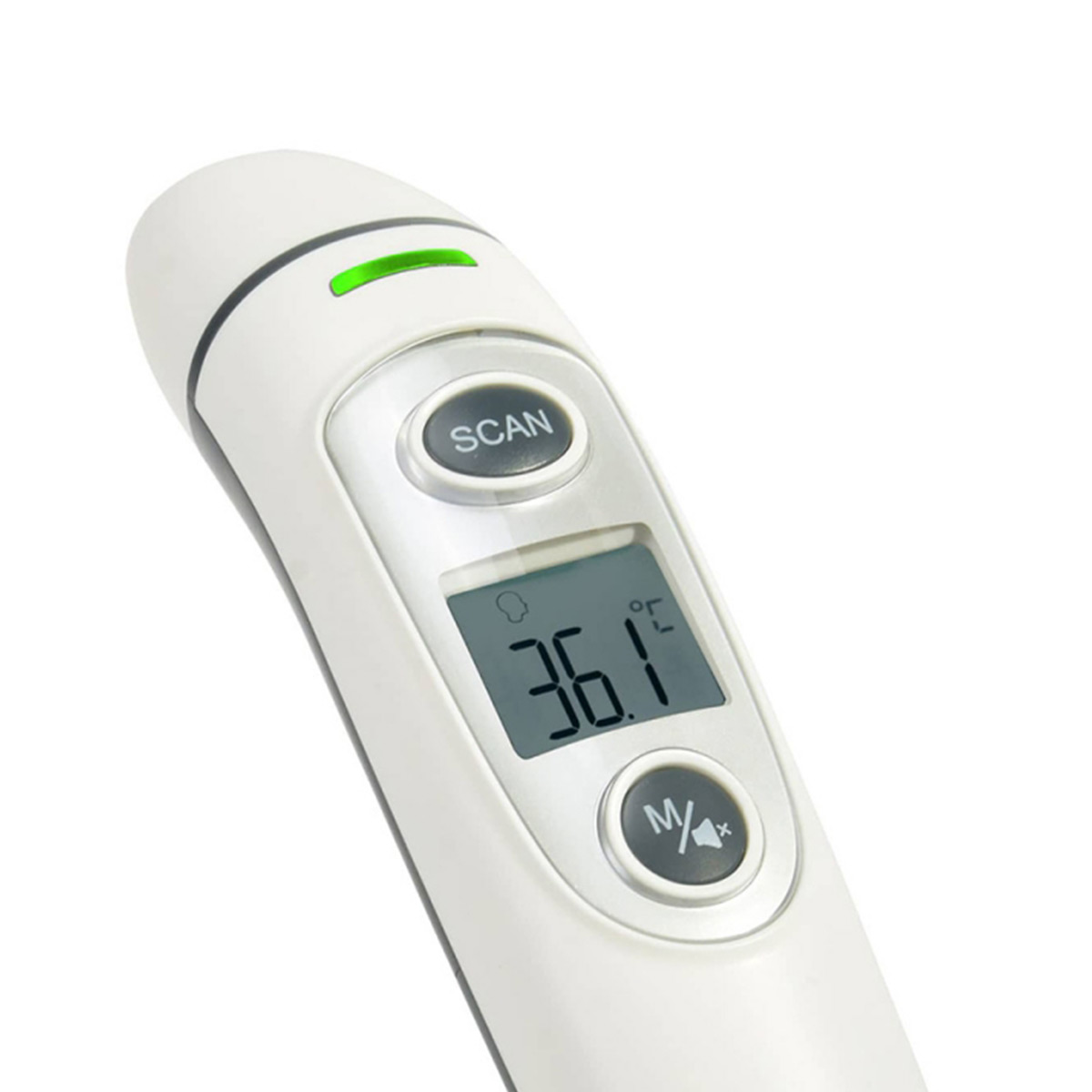 Ein weißes digitales Thermometer zeigt 36,1 Grad an. Es hat eine Scan-Taste und einen Bildschirm. Ein grünes Licht leuchtet.