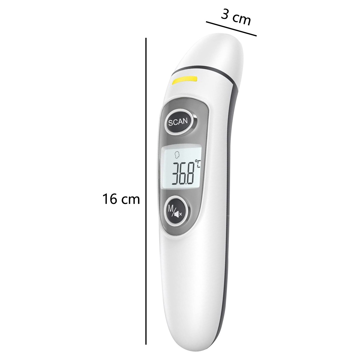 Ein weißes und graues Infrarot-Thermometer zeigt 36,8 Grad an. Es hat eine Scan-Taste und misst 16 cm in der Länge. Die Breite beträgt 3 cm.