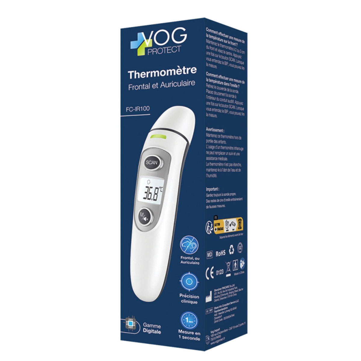 Weißes und graues Thermometer. Es hat eine Digitalanzeige mit 36,8 Grad. Text auf der Box weist auf Stirn- und Ohrverwendung hin.