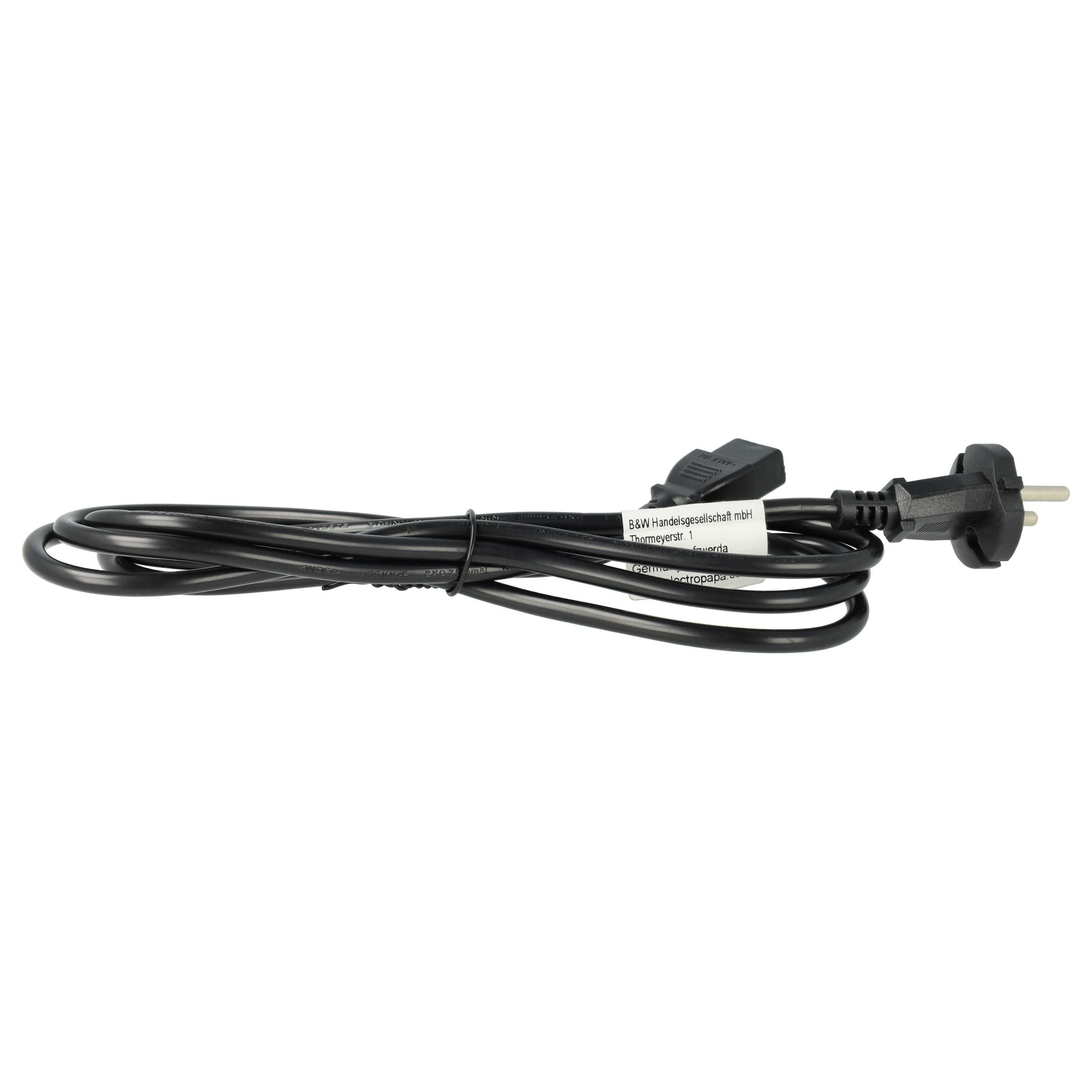 Ein schwarzes Netzkabel mit Stecker an einem Ende und Buchse am anderen Ende vor weißem Hintergrund.