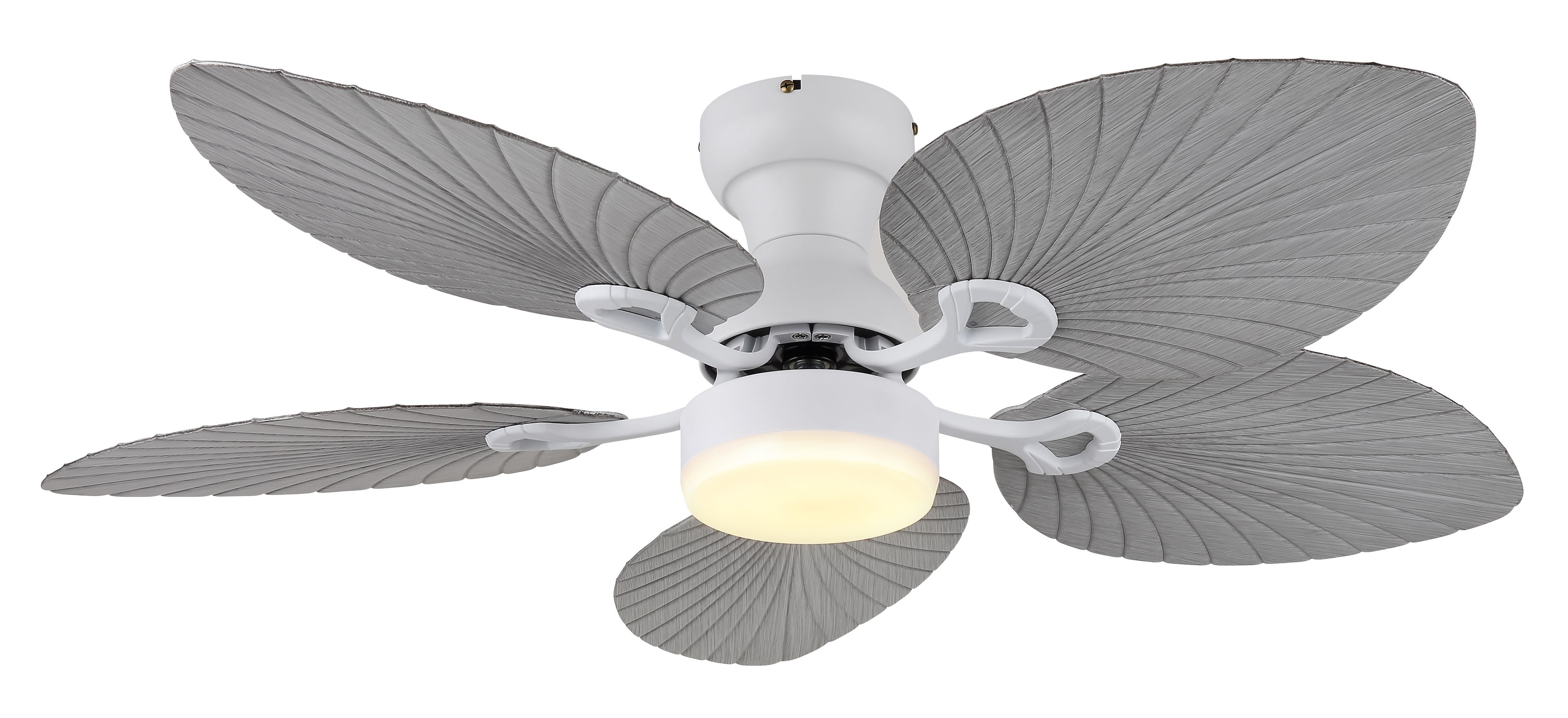 Ein weißer Deckenventilator mit fünf grauen Flügeln. Der Ventilator hat eine Leuchte in der Mitte.