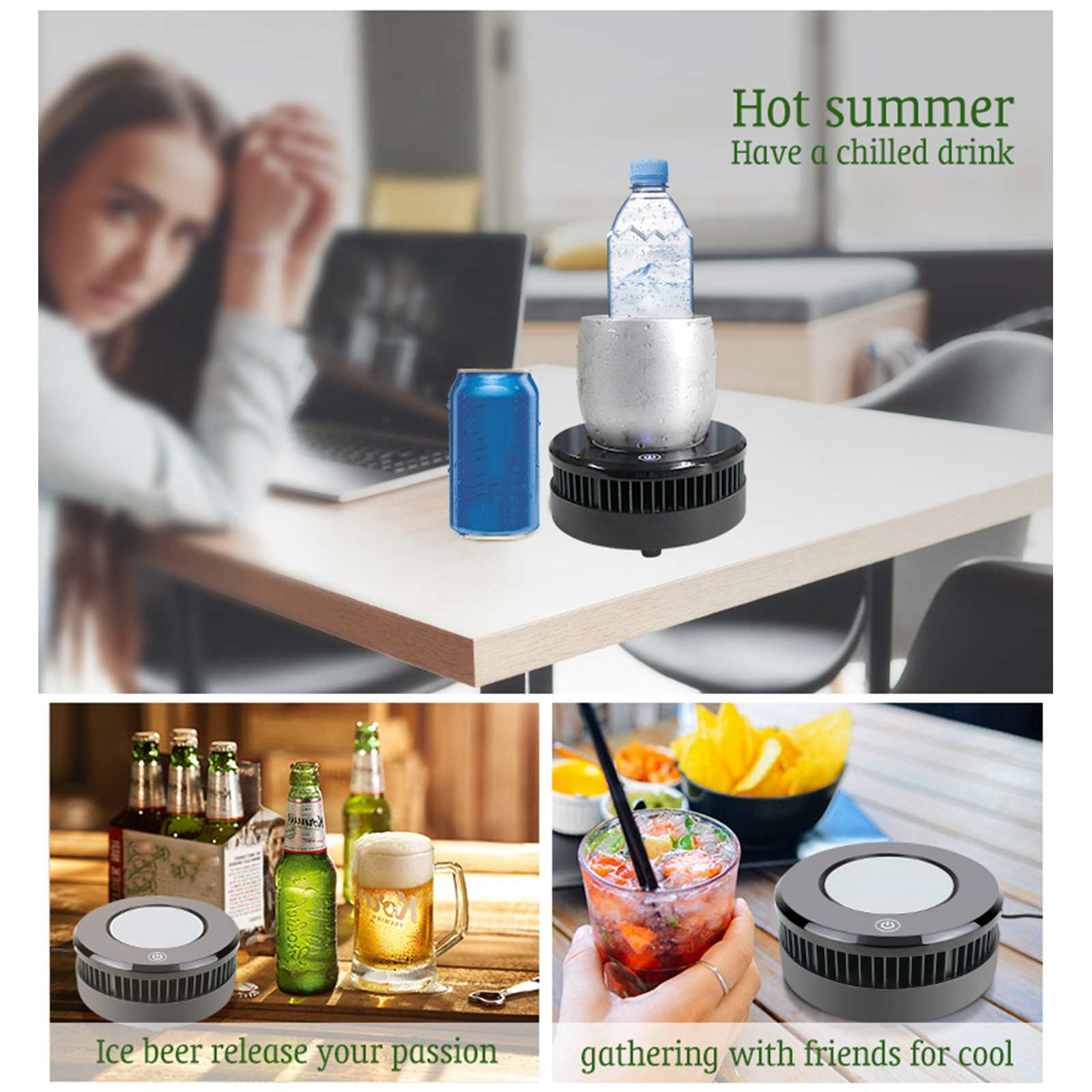 Das Bild zeigt eine Wasserflasche, eine Dose und ein Kühlgerät. Text sagt: Heißer Sommer, trinken Sie ein kühles Getränk.