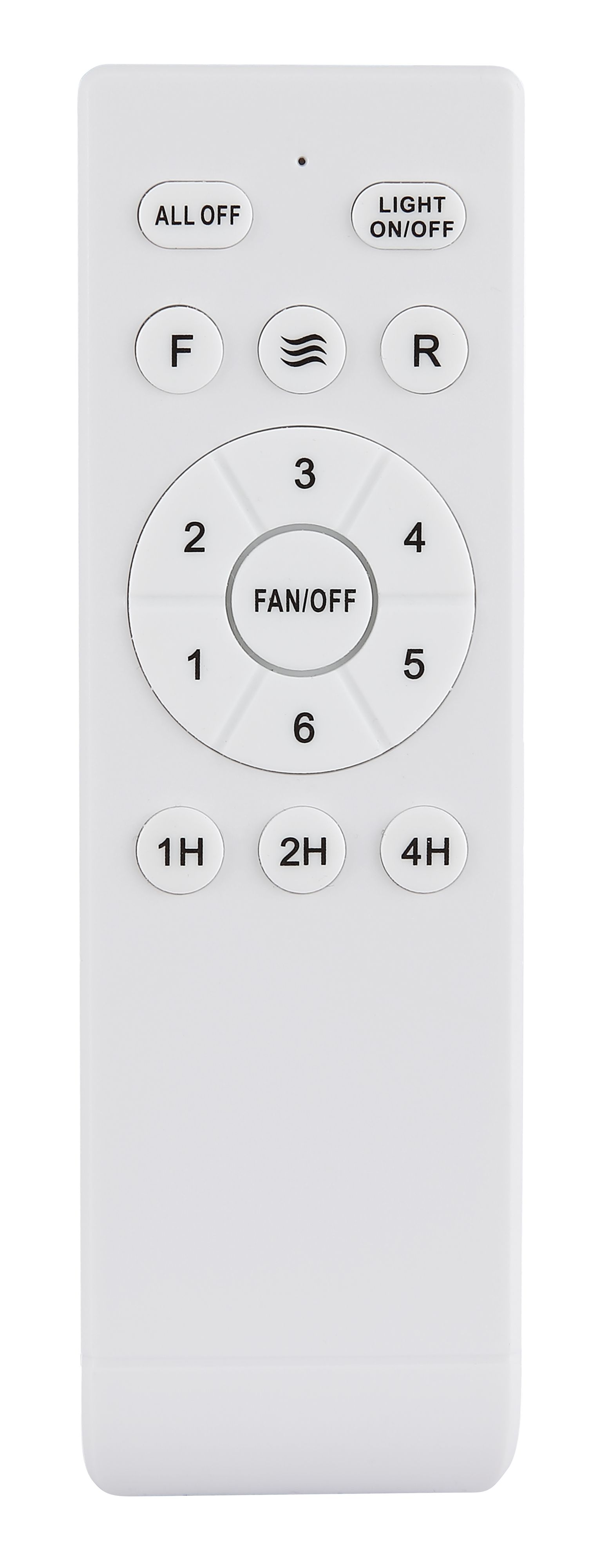 Eine weiße Fernbedienung mit Tasten für Lüfter, Licht und Timer-Funktionen. Zahlen 1-6 sind vorhanden.