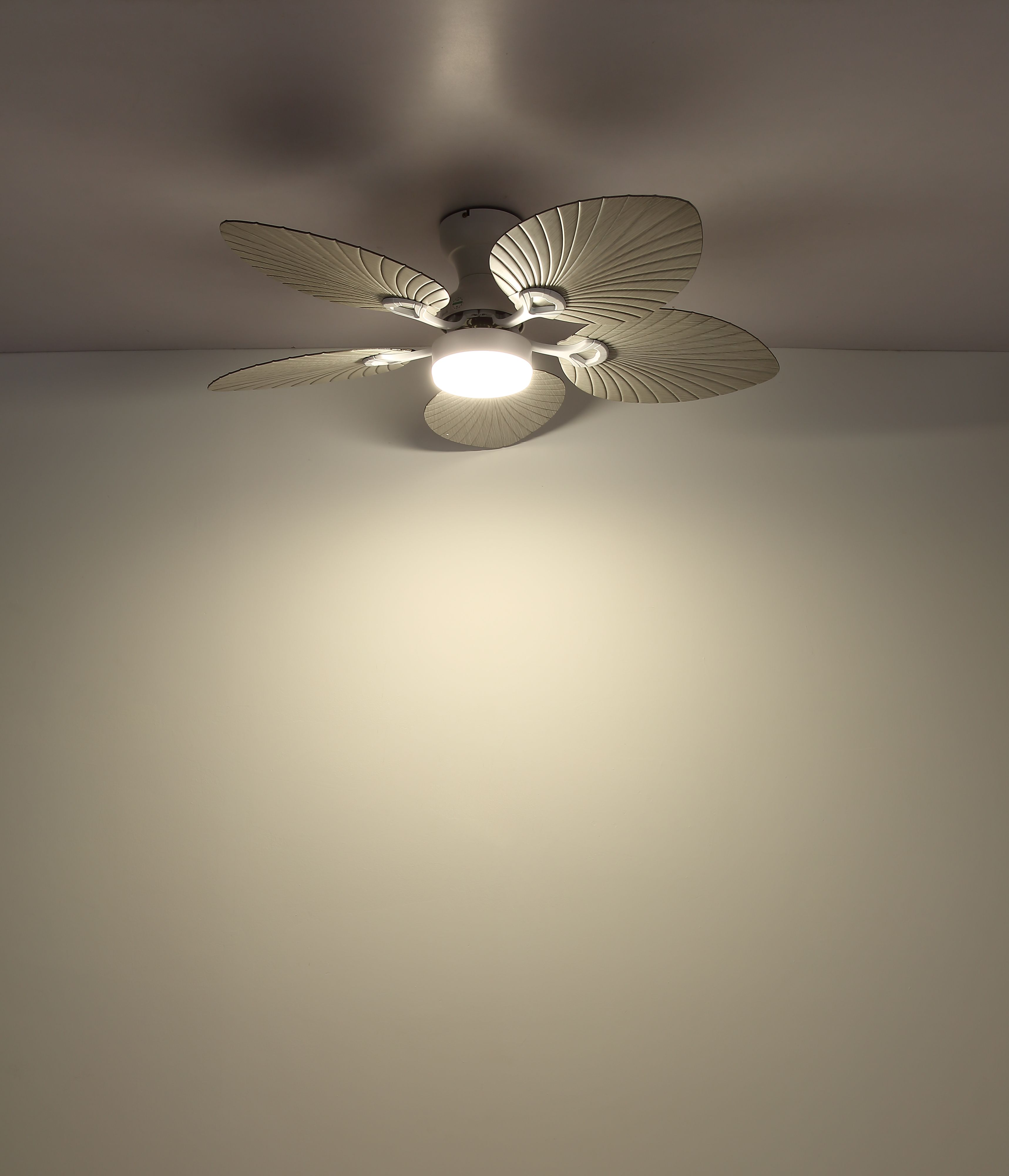 Ein Deckenventilator mit fünf hellfarbigen Flügeln und einer zentralen Leuchte ist an einer weißen Decke montiert.