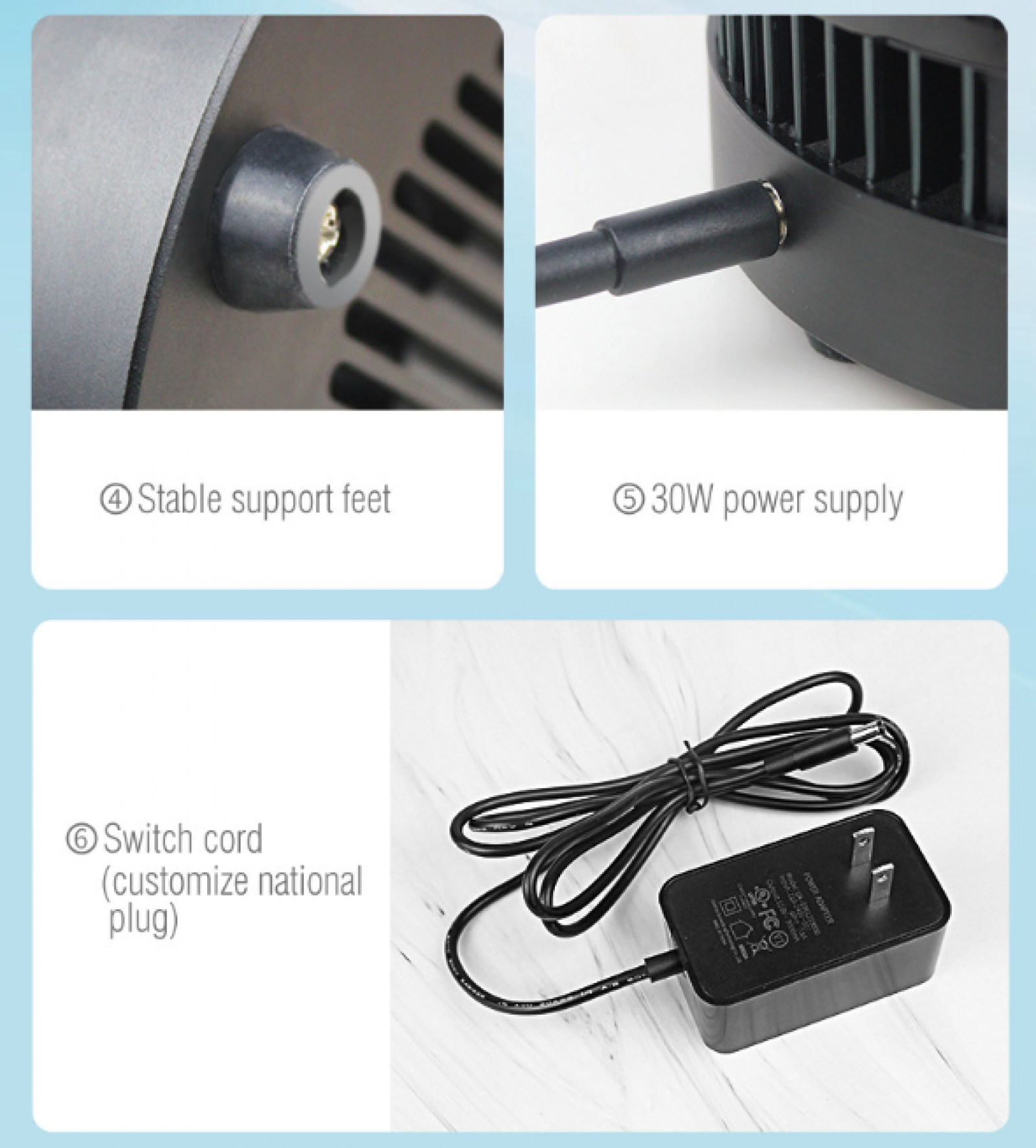 Das Bild zeigt Geräteteile: Füße, Netzteil und Netzkabel mit Stecker. Details umfassen Farbe und Form.