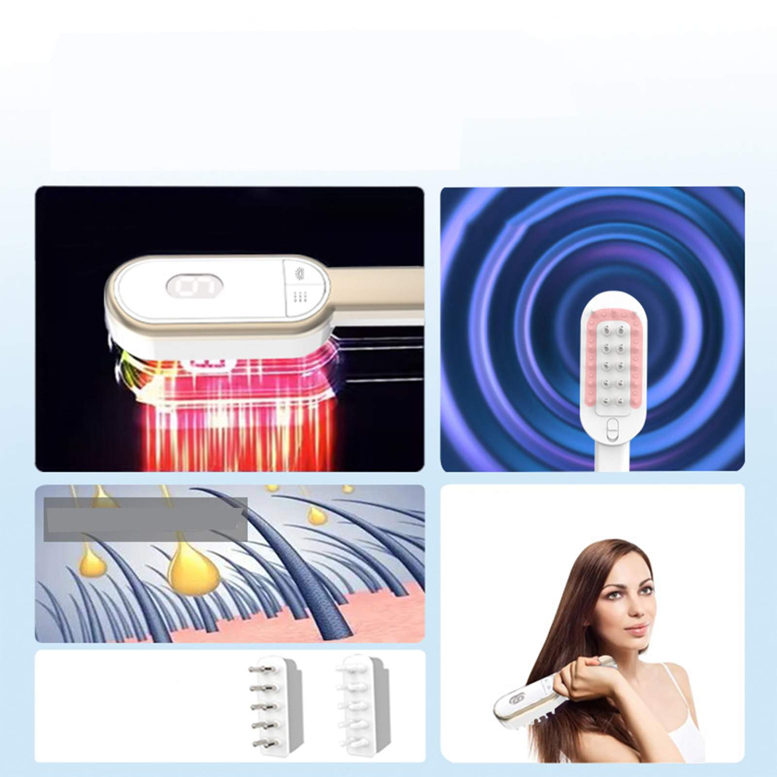 Das Bild zeigt Details zum Haarpflegeprodukt: Gerät mit Rotlichttherapie, Haarfollikel-Illustration und eine Frau, die das Gerät benutzt.