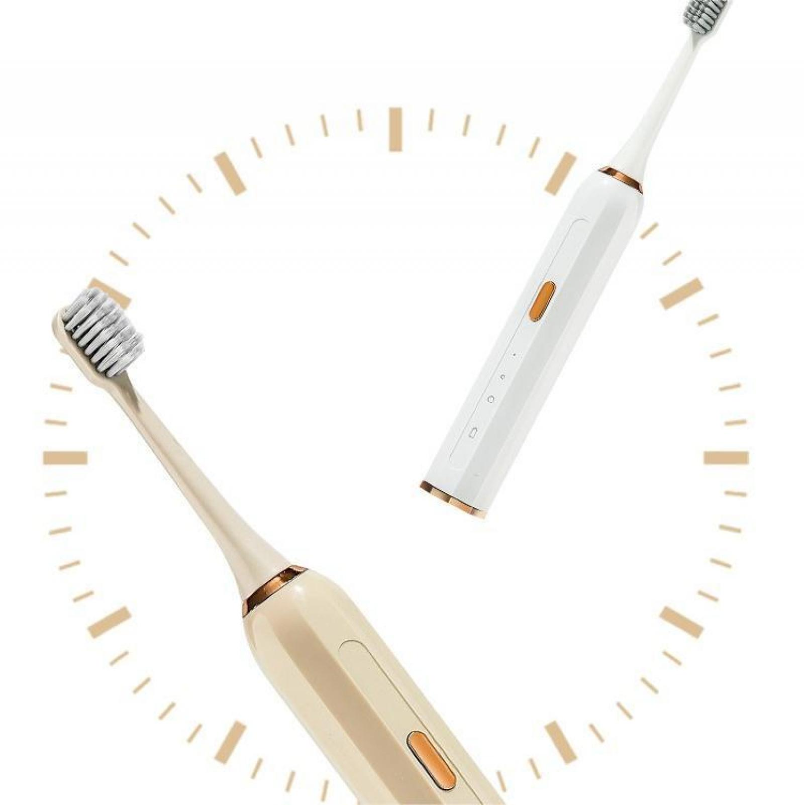 Zwei elektrische Zahnbürsten, eine beige und eine weiße, vor einem Hintergrund mit uhrartigen Markierungen.